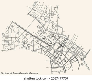 Detailed navigation urban street roads map on vintage beige background of the quarter Grottes et Saint-Gervais District of the Swiss regional capital city of Geneva, Switzerland