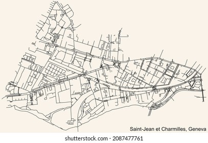 Detailed navigation urban street roads map on vintage beige background of the quarter Saint-Jean et Charmilles District of the Swiss regional capital city of Geneva, Switzerland