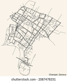 Detailed navigation urban street roads map on vintage beige background of the quarter Champel District of the Swiss regional capital city of Geneva, Switzerland