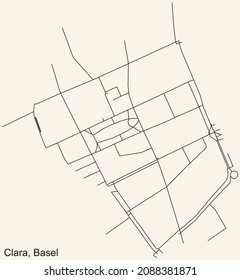 Detailed navigation urban street roads map on vintage beige background of the quarter Clara District of the Swiss regional capital city of Basel, Switzerland