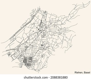 Detailed navigation urban street roads map on vintage beige background of the quarter Riehen District of the Swiss regional capital city of Kanton Basel, Switzerland