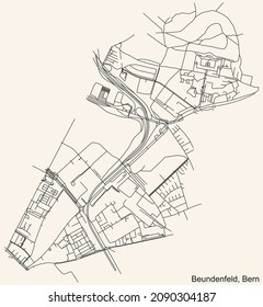 Detailed navigation urban street roads map on vintage beige background of the district Beundenfeld Quarter of the Swiss capital city of Bern, Switzerland