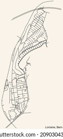 Detailed navigation urban street roads map on vintage beige background of the district Lorraine Quarter of the Swiss capital city of Bern, Switzerland