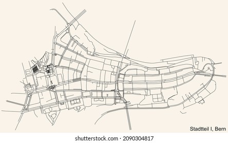 Detailed navigation urban street roads map on vintage beige background of the quarter Stadtteil I Innere Stadt District of the Swiss capital city of Bern, Switzerland