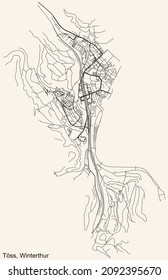 Mapa detallado de las carreteras urbanas de navegación en el fondo beige vintage del barrio Kreis 4 Töss de la capital suiza de Winterthur, Suiza