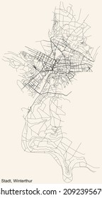 Mapa detallado de la navegación por las calles urbanas sobre el fondo beige vintage del barrio Kreis 1 Distrito Estático de la capital suiza de Winterthur, Suiza