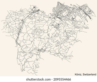 Detailed navigation urban street roads map on vintage beige background of the Swiss regional capital city of Köniz, Switzerland