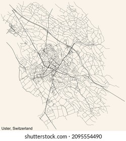 Detailed navigation urban street roads map on vintage beige background of the Swiss regional capital city of Uster, Switzerland