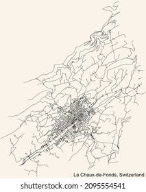 Detailed navigation urban street roads map on vintage beige background of the Swiss regional capital city of La Chaux-de-Fonds, Switzerland