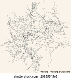 Detaillierte Stadtstraßen-Karte auf beigem Hintergrund der Schweizer Landeshauptstadt Freiburg, Schweiz