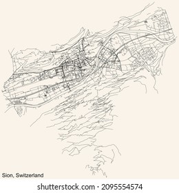 Mapa detallado de la navegación por las calles urbanas en el fondo beige vintage de la capital suiza de Sion, Suiza