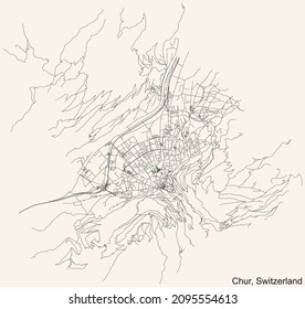 Detailed navigation urban street roads map on vintage beige background of the Swiss regional capital city of Chur, Switzerland