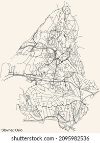 Detailed navigation urban street roads map on vintage beige background of the quarter Stovner Borough of the Norwegian capital city of Oslo, Norway