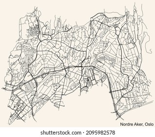 Detailed navigation urban street roads map on vintage beige background of the quarter Nordre Aker Borough of the Norwegian capital city of Oslo, Norway