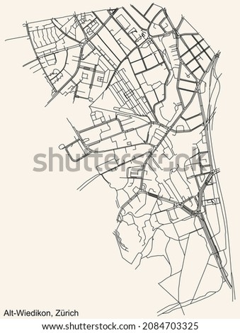 Detailed navigation urban street roads map on vintage beige background of the district Alt-Wiedikon Quarter of the Swiss regional capital city of Zurich, Switzerland