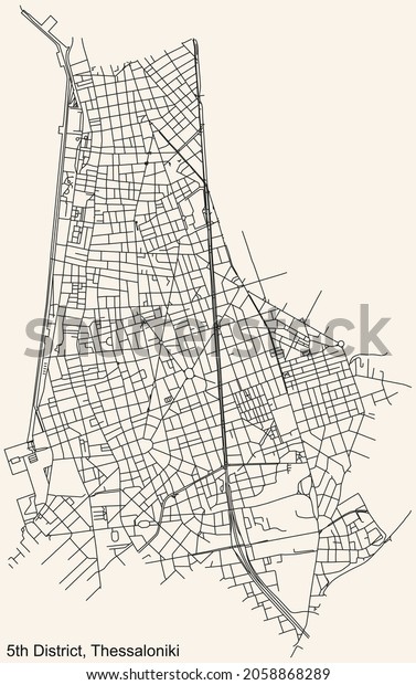 Detailed navigation urban street\
roads map on vintage beige background of the quarter Fifth (5th)\
district of the Greek regional capital city of Thessaloniki,\
Greece