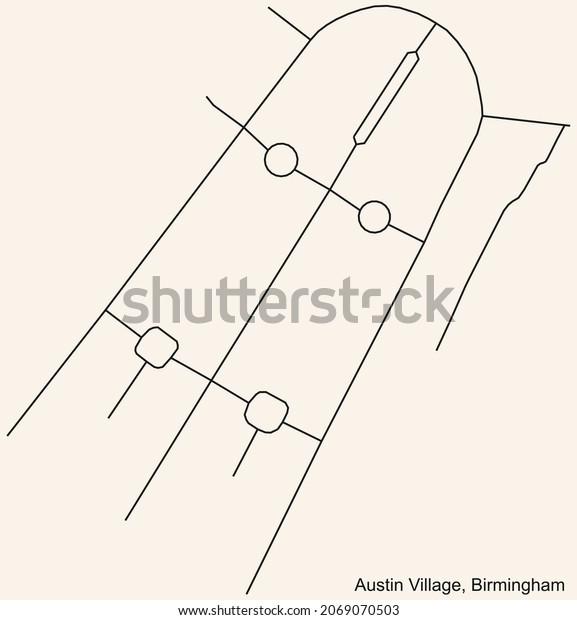 Detailed\
navigation urban street roads map on vintage beige background of\
the quarter Austin Village neighborhood of the English regional\
capital city of Birmingham, United\
Kingdom