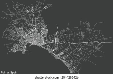 Detailed negative navigation urban street roads map on dark gray background of the Spanish regional capital city of Palma, Spain