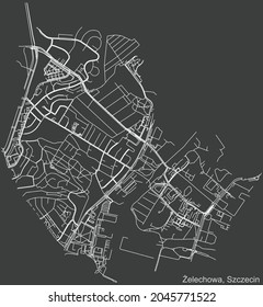 Detailed negative navigation urban street roads map on dark gray background of the quarter Żelechowa municipal neighborhood of the Polish regional capital city of Szczecin, Poland