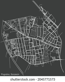 Detailed negative navigation urban street roads map on dark gray background of the quarter Pogodno municipal neighborhood of the Polish regional capital city of Szczecin, Poland
