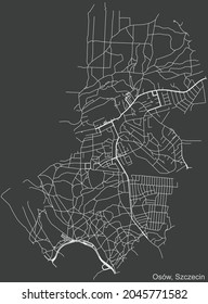 Detailed negative navigation urban street roads map on dark gray background of the quarter Osów municipal neighborhood of the Polish regional capital city of Szczecin, Poland