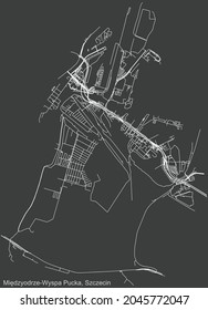 Mapa detallado de la navegación negativa de las calles urbanas en el fondo gris oscuro del barrio de Międzyodrze-Wyspa del barrio municipal de Pucka de la capital regional polaca de Szczecin, Polonia