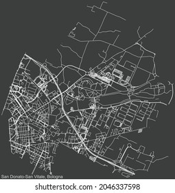 Detailed negative navigation urban street roads map on dark gray background of the quarter Quartiere San Donato-San Vitale district of the Italian regional capital city of Bologna, Italy