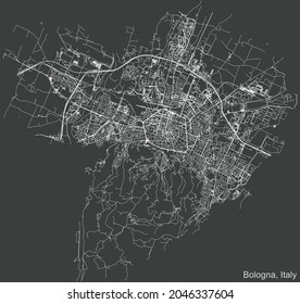 Detailed negative navigation urban street roads map on dark gray background of the Italian regional capital city of Bologna, Italy