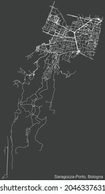 Detailed negative navigation urban street roads map on dark gray background of the quarter Quartiere Porto-Saragozza district of the Italian regional capital city of Bologna, Italy