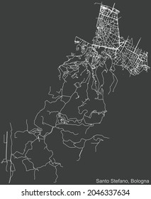 Detailed negative navigation urban street roads map on dark gray background of the quarter Quartiere Santo Stefano district of the Italian regional capital city of Bologna, Italy