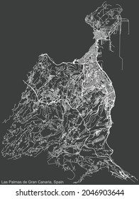 Detailed negative navigation urban street roads map on dark gray background of the Spanish regional capital city of Las Palmas, Spain