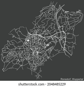 Detailed negative navigation urban street roads map on dark gray background of the quarter Ronsdorf district of the German regional capital city of Wuppertal, Germany