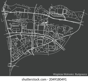 Detailed negative navigation urban street roads map on dark gray background of the quarter Wzgórze Wolności district of the Polish regional capital city of Bydgoszcz, Poland