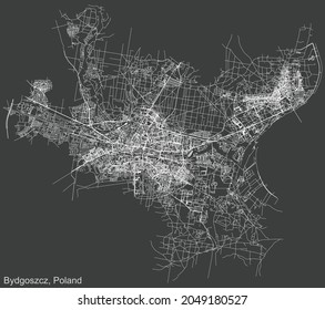 Detailed negative navigation urban street roads map on dark gray background of the Polish regional capital city of Bydgoszcz, Poland
