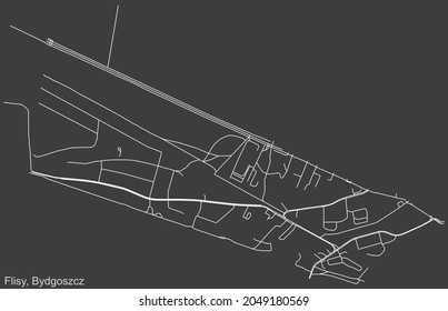 Detailed negative navigation urban street roads map on dark gray background of the quarter Flisy district of the Polish regional capital city of Bydgoszcz, Poland