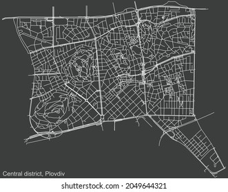 Detailed negative navigation urban street roads map on dark gray background of the quarter Central district of the Bulgarian regional capital city of Plovdiv, Bulgaria