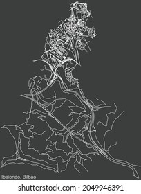 Detailed negative navigation urban street roads map on dark gray background of the quarter Ibaiondo district of the Spanish regional capital city of Bilbao, Spain