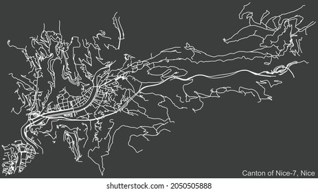Detailed negative navigation urban street roads map on dark gray background of the quarter Canton of Nice-7 district of the French regional capital city of Nice, France