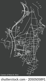 Detailed negative navigation urban street roads map on dark gray background of the quarter Canton of Nice-8 district of the French regional capital city of Nice, France