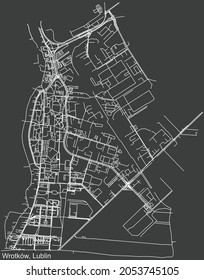 Detailed negative navigation urban street roads map on dark gray background of the quarter Wrotków district of the Polish regional capital city of Lublin, Poland
