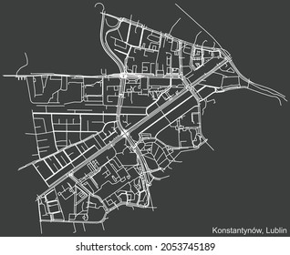 Detailed negative navigation urban street roads map on dark gray background of the quarter Konstantynów district of the Polish regional capital city of Lublin, Poland