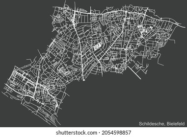 Detailed negative navigation urban street roads map on dark gray background of the quarter Schildesche district of the Polish regional capital city of Bielefeld, Germany