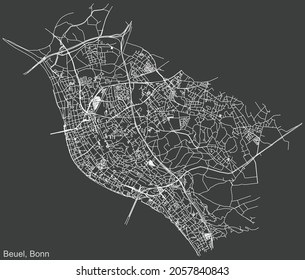 Detailed negative navigation urban street roads map on dark gray background of the quarter Beuel district of the German capital city of Bonn, Germany