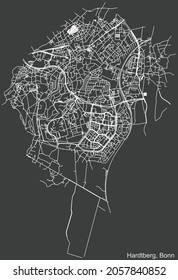 Detailed negative navigation urban street roads map on dark gray background of the quarter Hardtberg district of the German capital city of Bonn, Germany