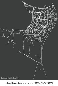 Detailed negative navigation urban street roads map on dark gray background of the quarter Brüser Berg sub-district of the German capital city of Bonn, Germany