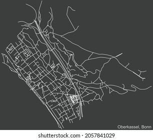 Detailed negative navigation urban street roads map on dark gray background of the quarter Oberkassel sub-district of the German capital city of Bonn, Germany