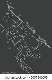Detailed negative navigation urban street roads map on dark gray background of the quarter Pennenfeld sub-district of the German capital city of Bonn, Germany