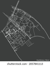 Detailed negative navigation urban street roads map on dark gray background of the quarter Hochkreuz sub-district of the German capital city of Bonn, Germany
