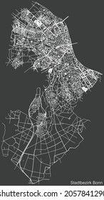 Detailed negative navigation urban street roads map on dark gray background of the quarter Bonn district of the German capital city of Bonn, Germany