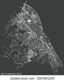 Detailed negative navigation urban street roads map on dark gray background of the quarter Godesberg district of the German capital city of Bonn, Germany